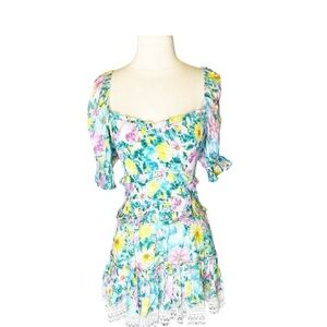 Hemant & Nandita XS Azalea Dress Floral Smocked Lace Mini Puff Sleeve Satin